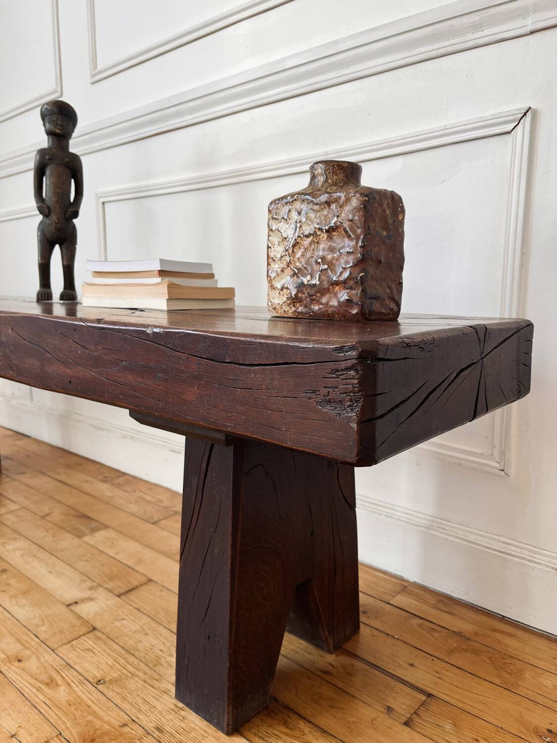 Brutalist Folk Art Bench Solid Oak