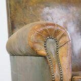 Fauteuil à roulettes anglais en cuir de vachette vert antique