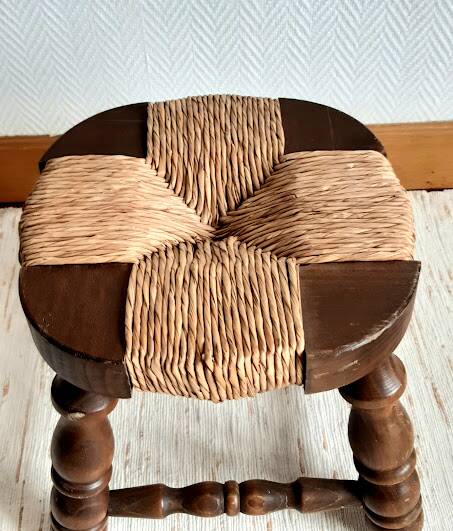 Pair of wood and straw fireplace stools, 1950s