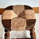 Pair of wood and straw fireplace stools, 1950s