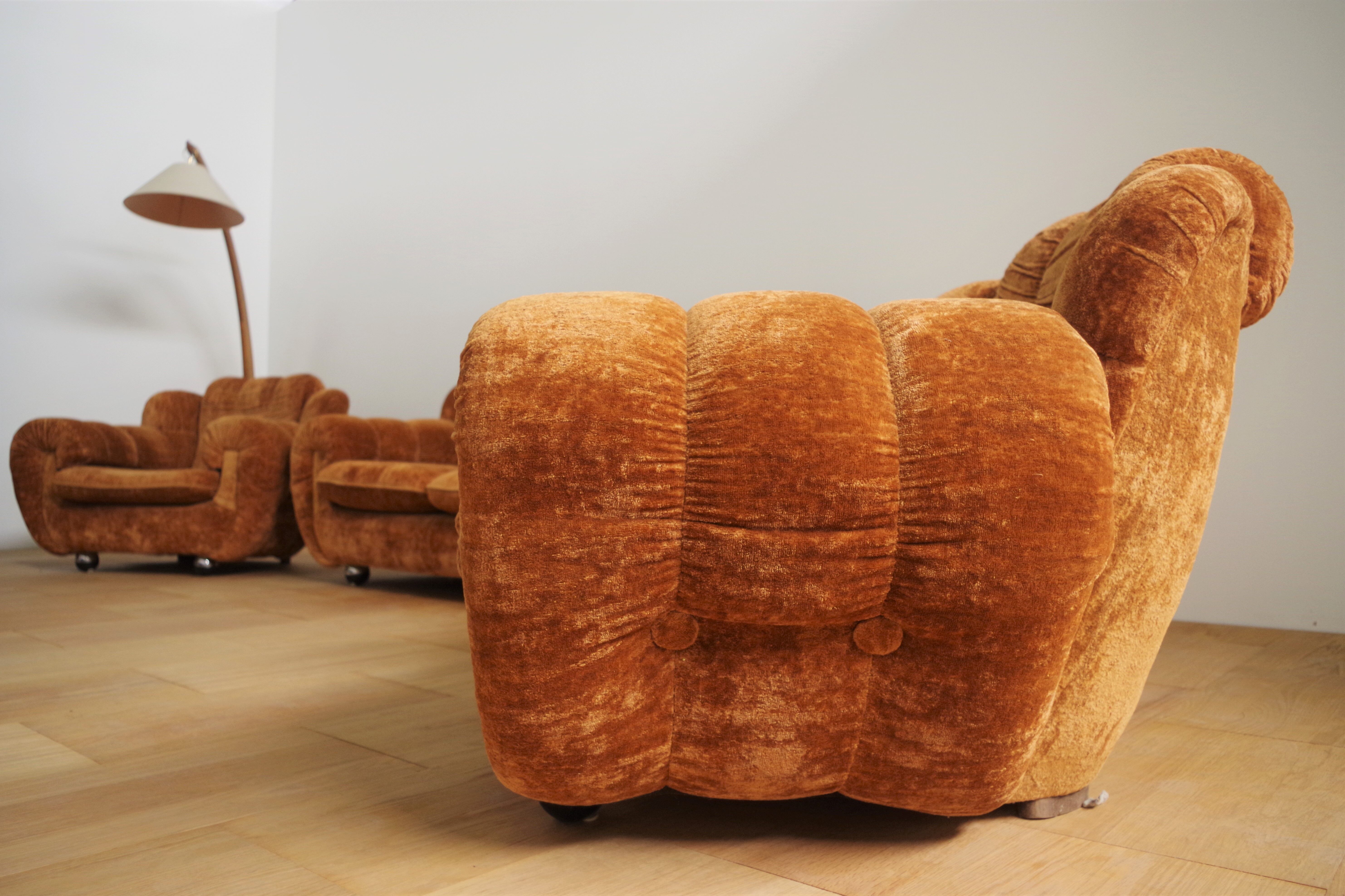 Velvet armchairs and sofa, 1970s, set of 3