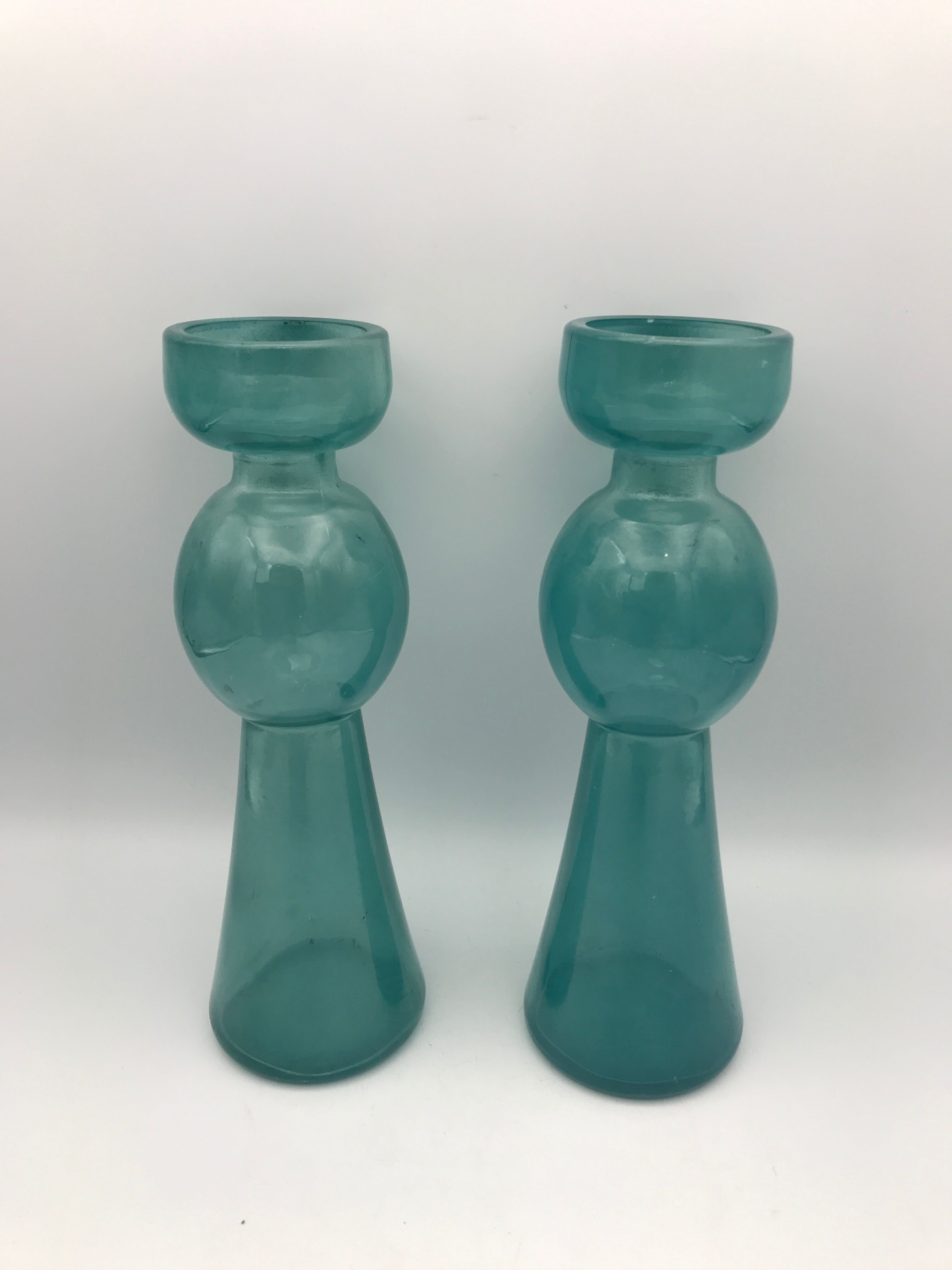 Pair of vintage candlesticks in molded glass turquoise blue 20 cm