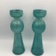 Pair of vintage candlesticks in molded glass turquoise blue 20 cm