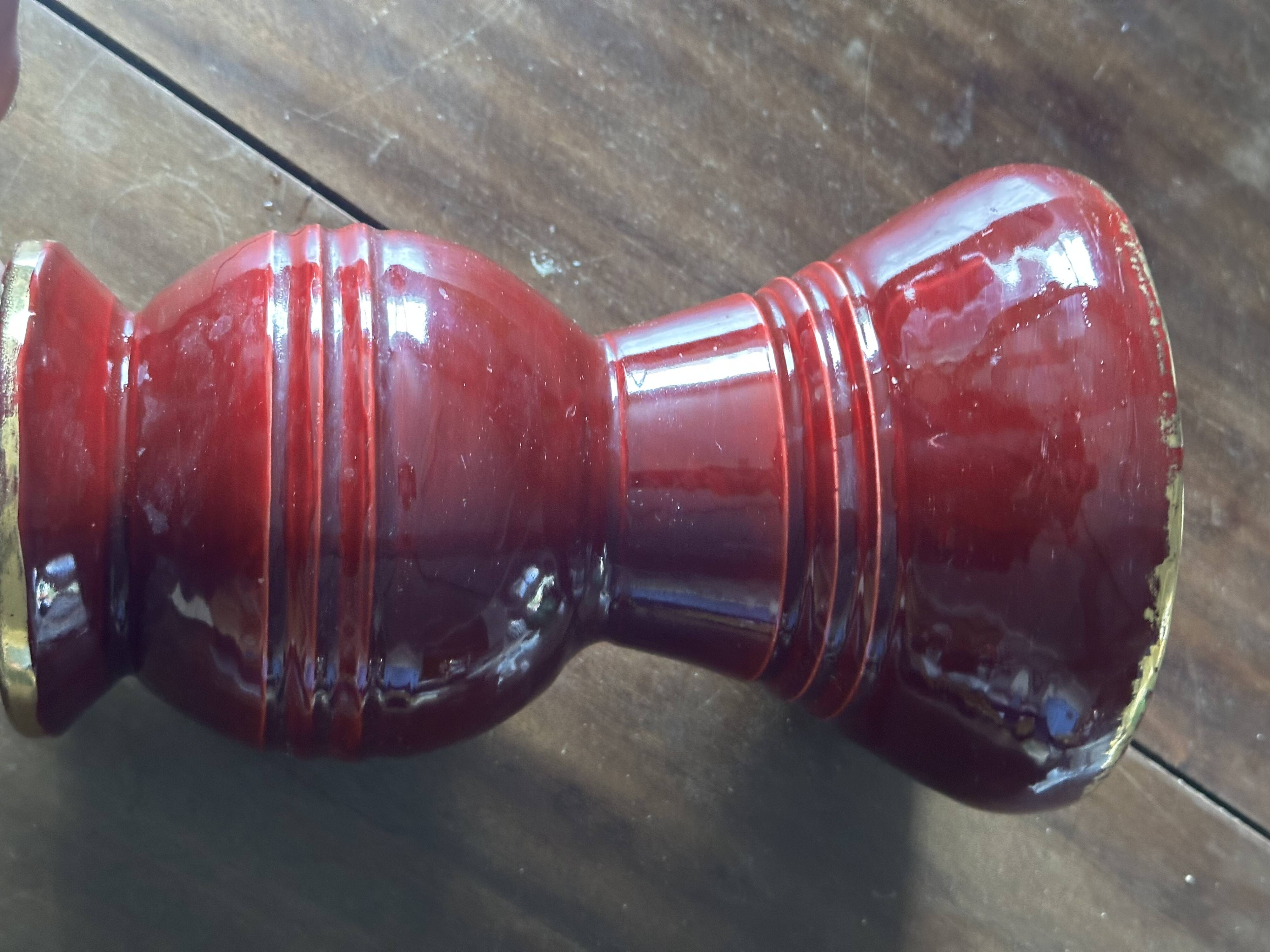 Ringed ceramic vase from Louviers, red and gold, 1950s