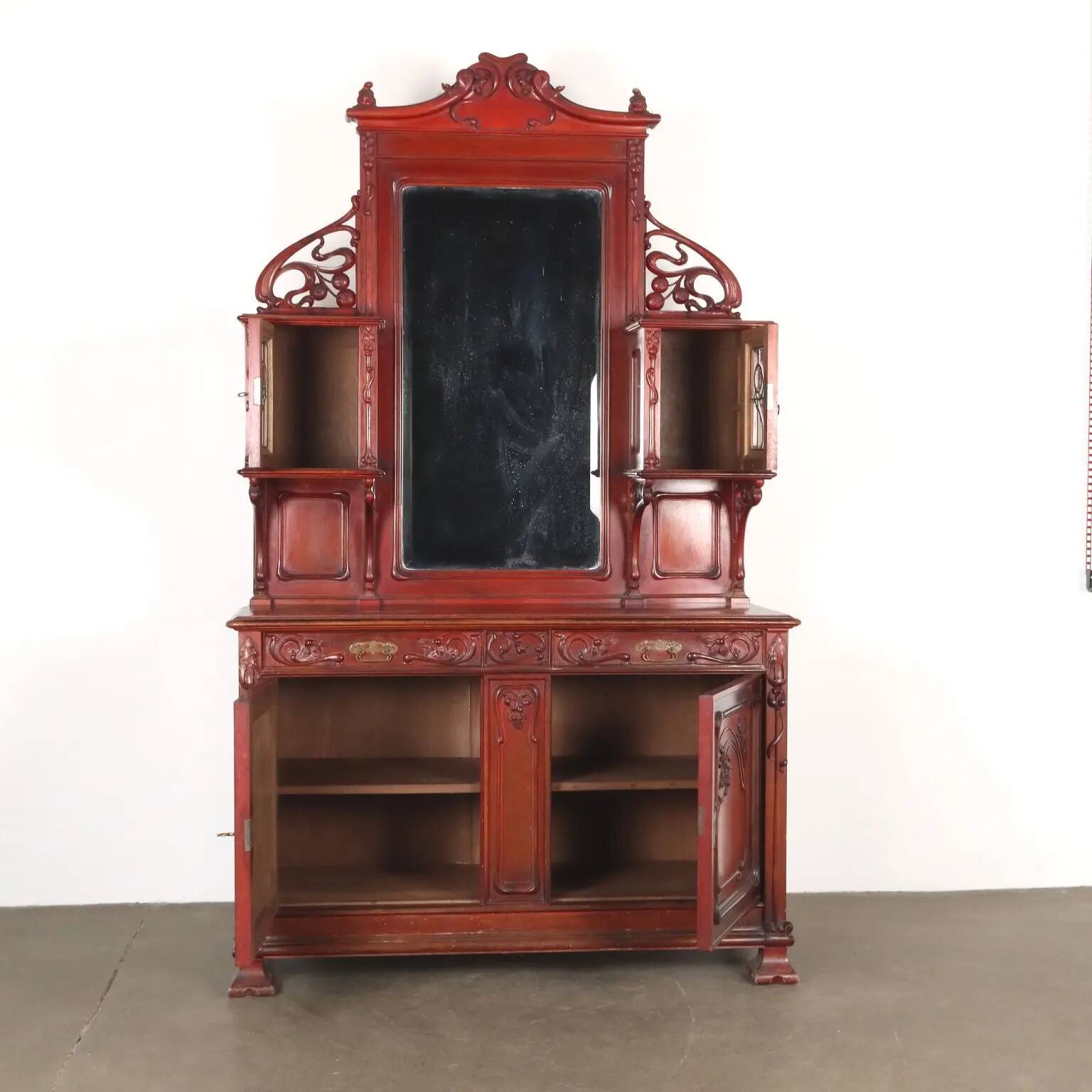 Antique Art Nouveau walnut buffet with decorations, Italy, 19th century.
