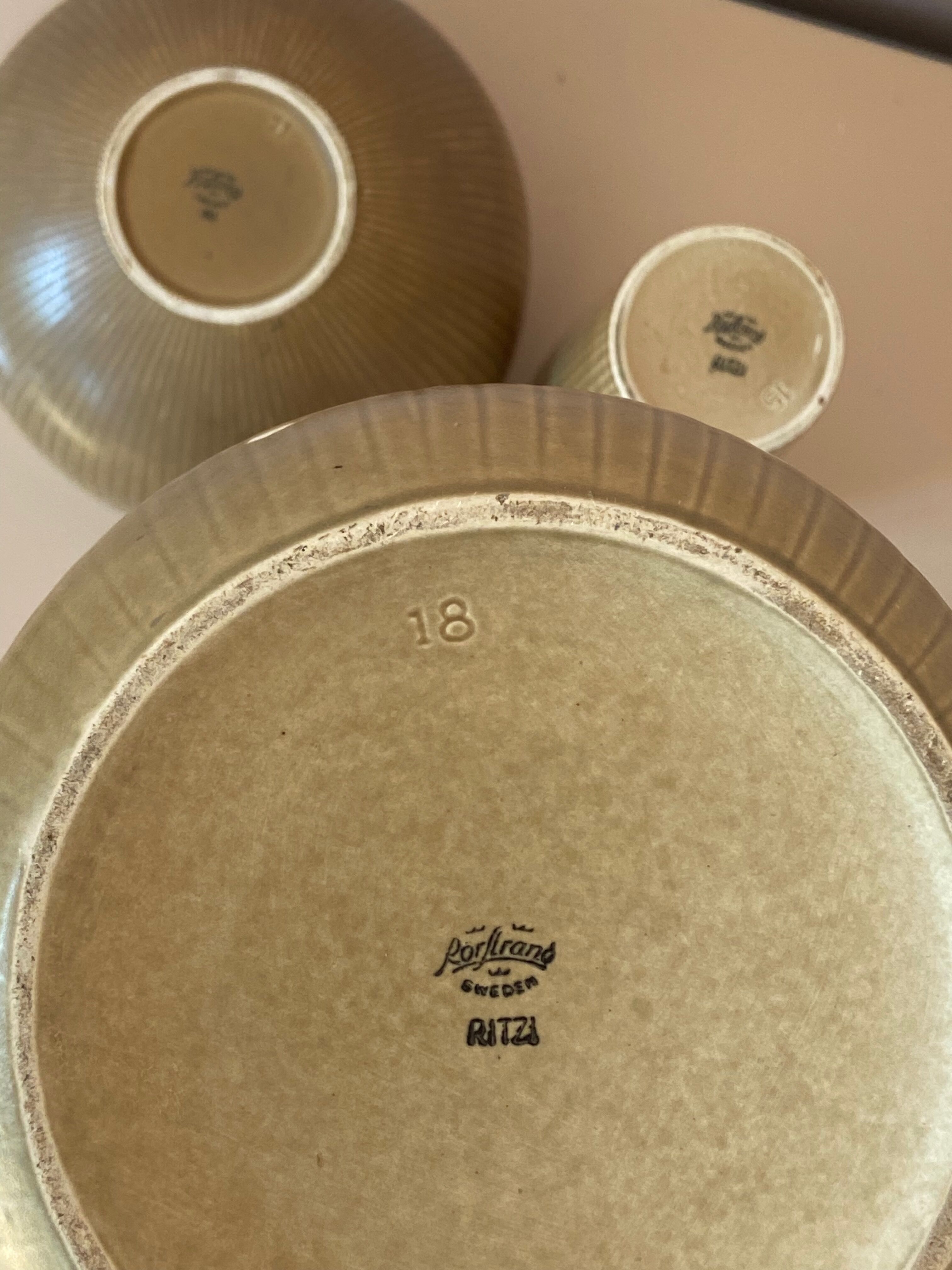 Set of 3 Rörstrand Ritzi pottery vases and bowl by Gunnar Nylund Sweden 1950's