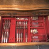 Solid wood silver cabinet with 5 drawers for 173 place settings, silver-plated metal, Solid silver