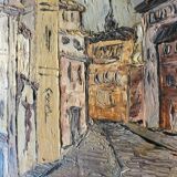 Peinture à l'huile originale encadrée du XXe siècle représentant une scène de ville
