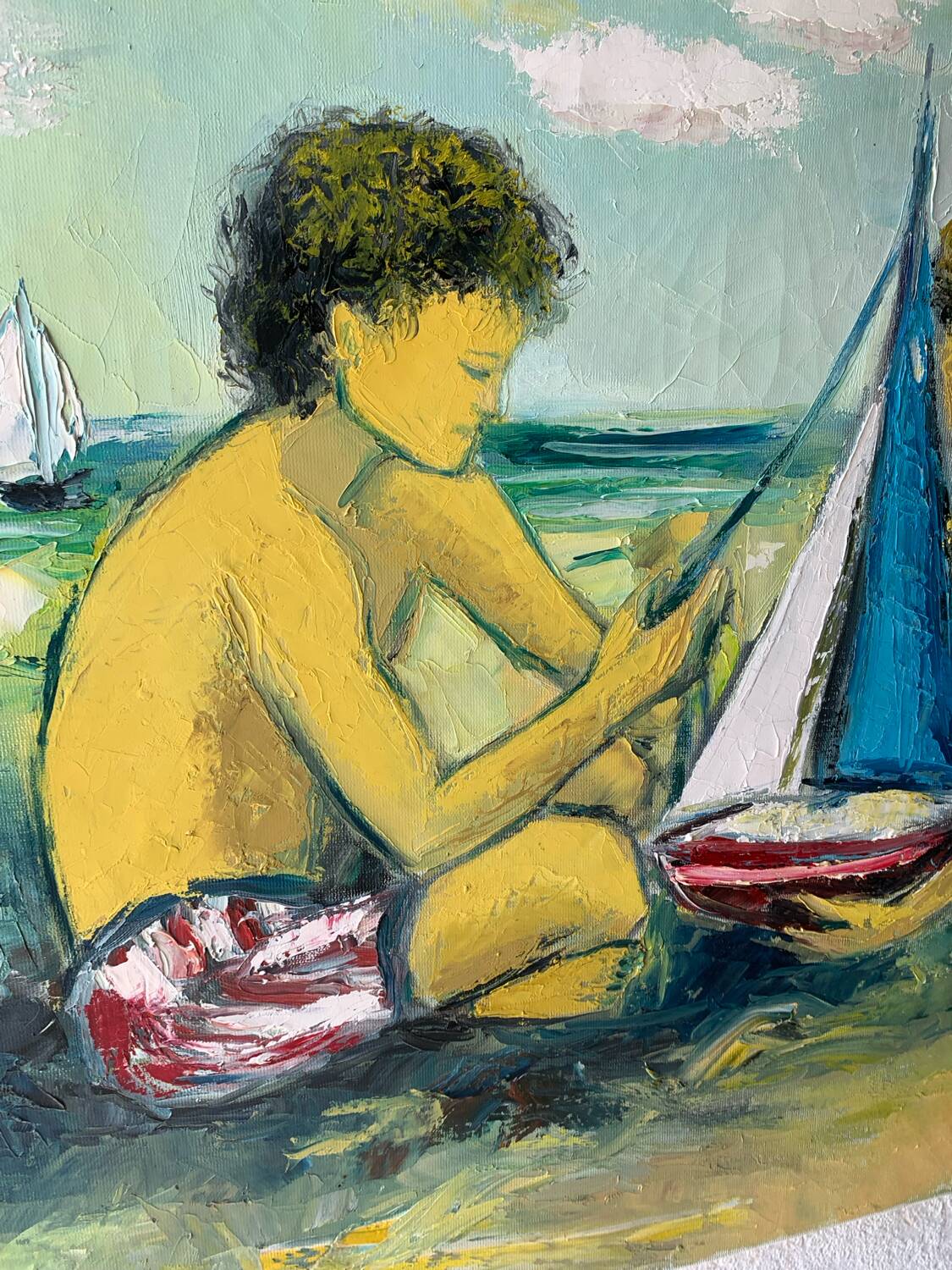 Oil painting on canvas of children at the beach