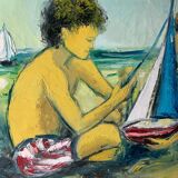 Tableau huile sur toile enfants à la plage