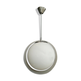 Ancienne suspension moderniste métal plat globe opalin période 1940