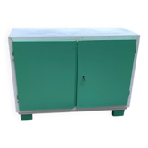 Armoire peinte vintage en bois blanc et vert, années 1950, serrure d'origine