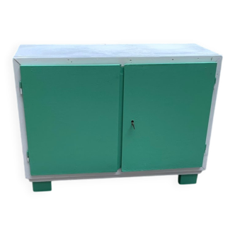 Vintage painted wardrobe in white and green wood, 1950s, original lock.