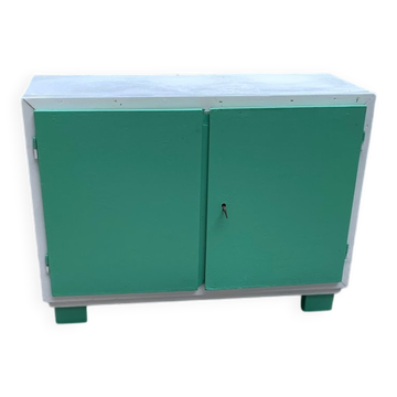 Vintage painted wardrobe in white and green wood, 1950s, original lock.