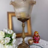Table lamp with brass base, grooved transparent globe, vintage