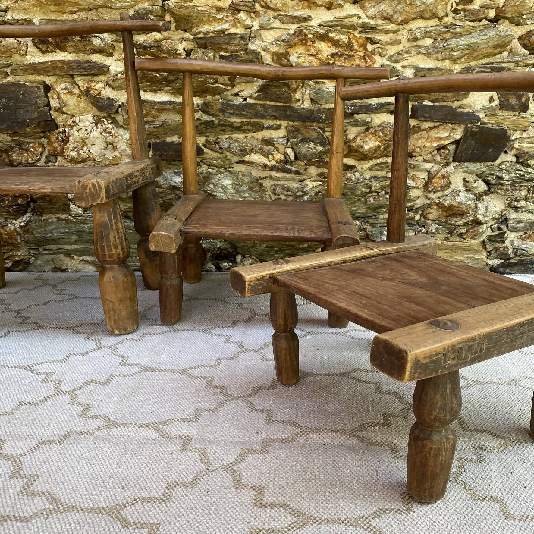 Ancient Baoulé African chairs in carved wood, Wabi-Sabi.