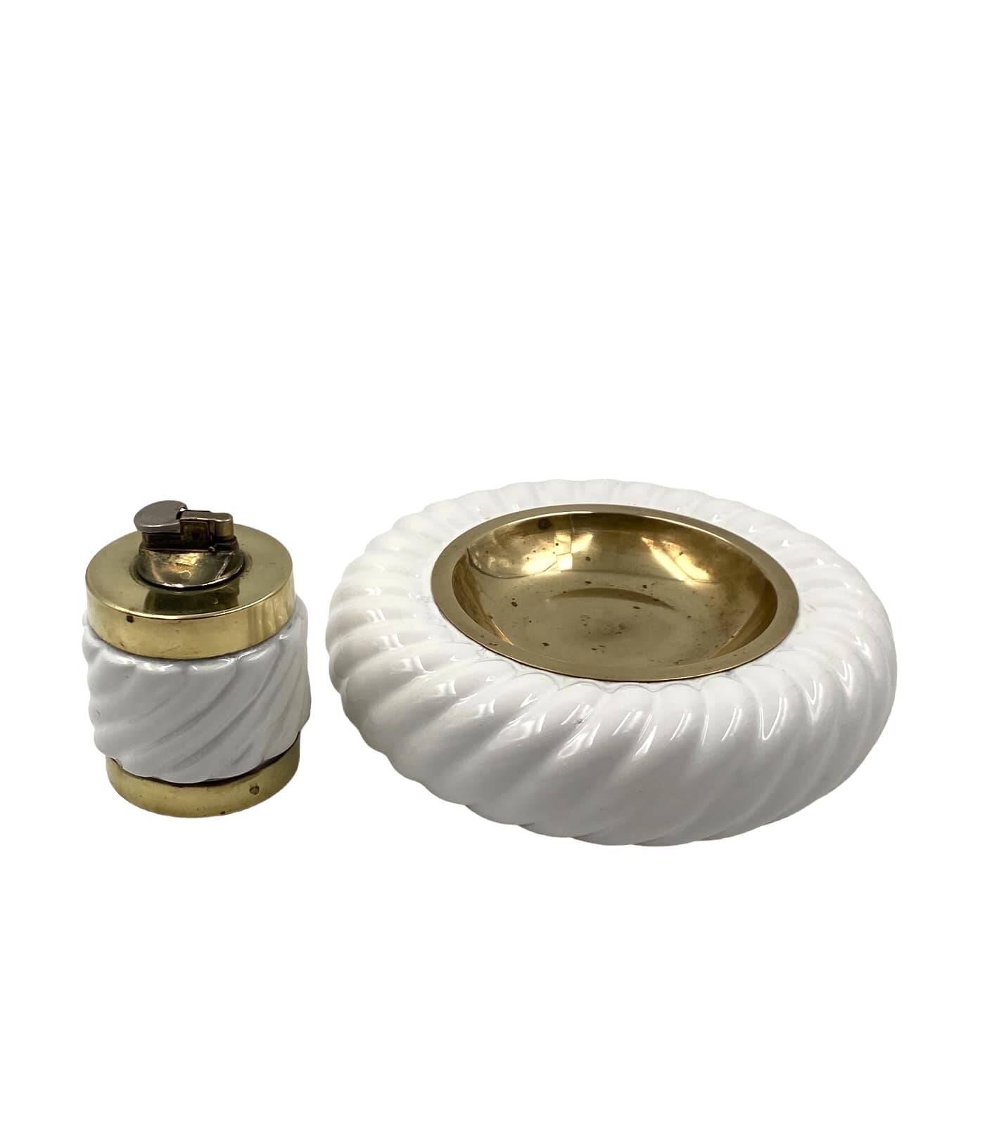 Tommaso Barbi, Smoking set white ashtray and table lighter, B Ceramiche, ca. 1970