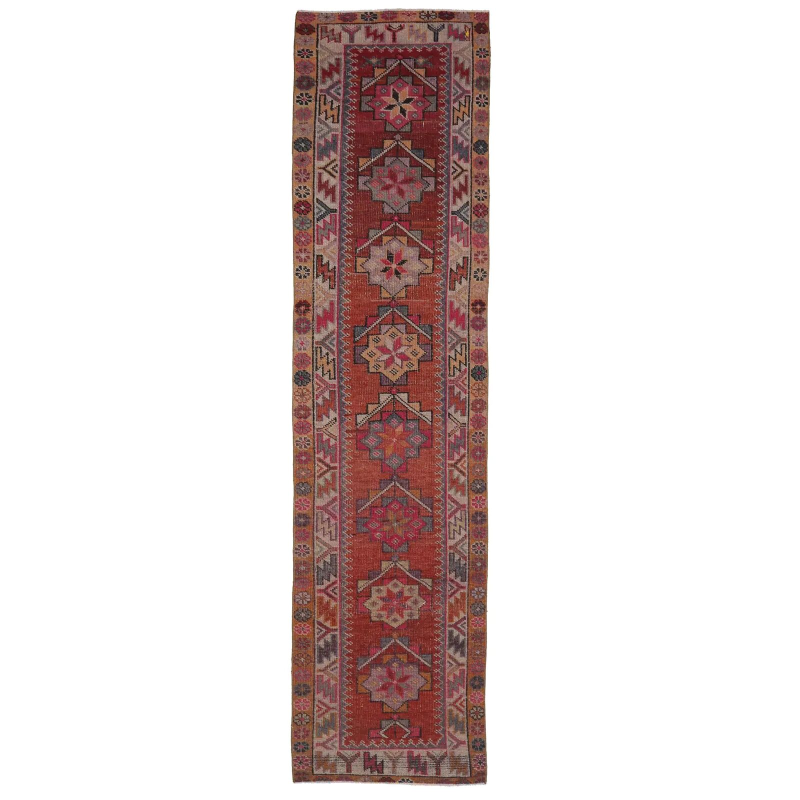 Vintage Turkish hand-knotted wool cotton red runner rug 83x362