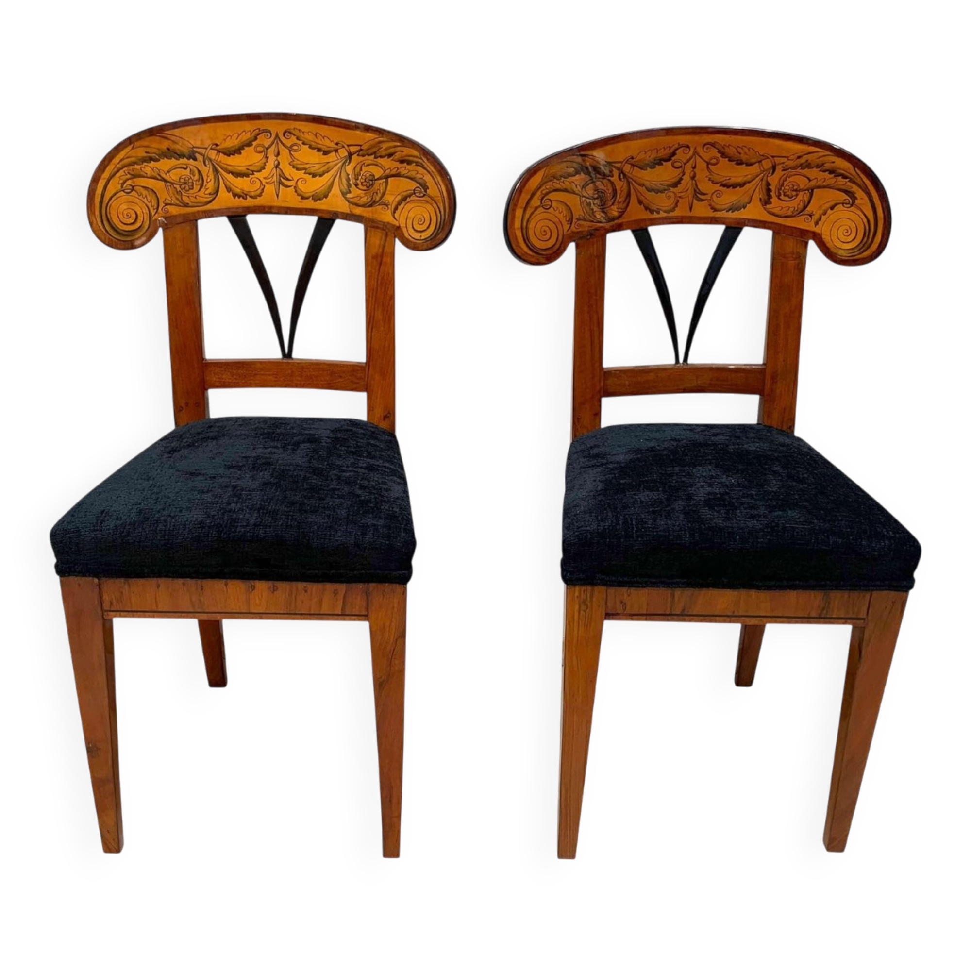 Set of Pair of Biedermeier Shovel Chairs, Walnut, Ink Painting, South Germany, 1830s