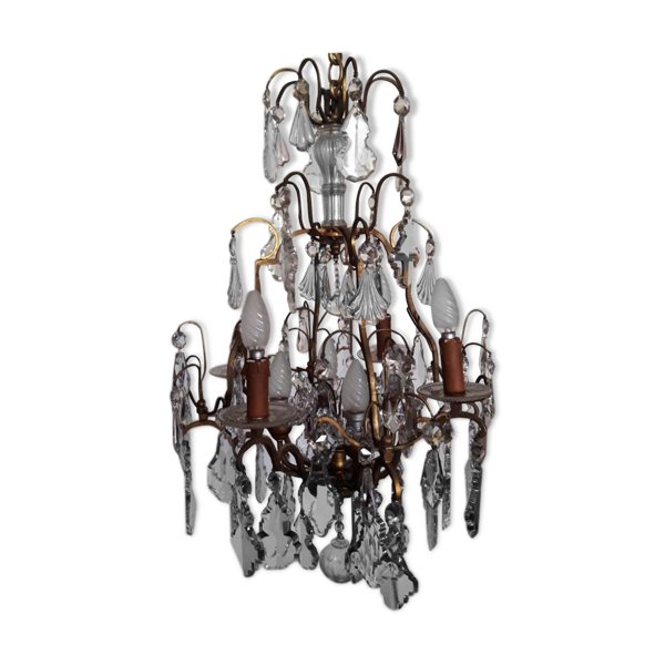Lustre cage bronze et cristal Baccarat de style Louis XV