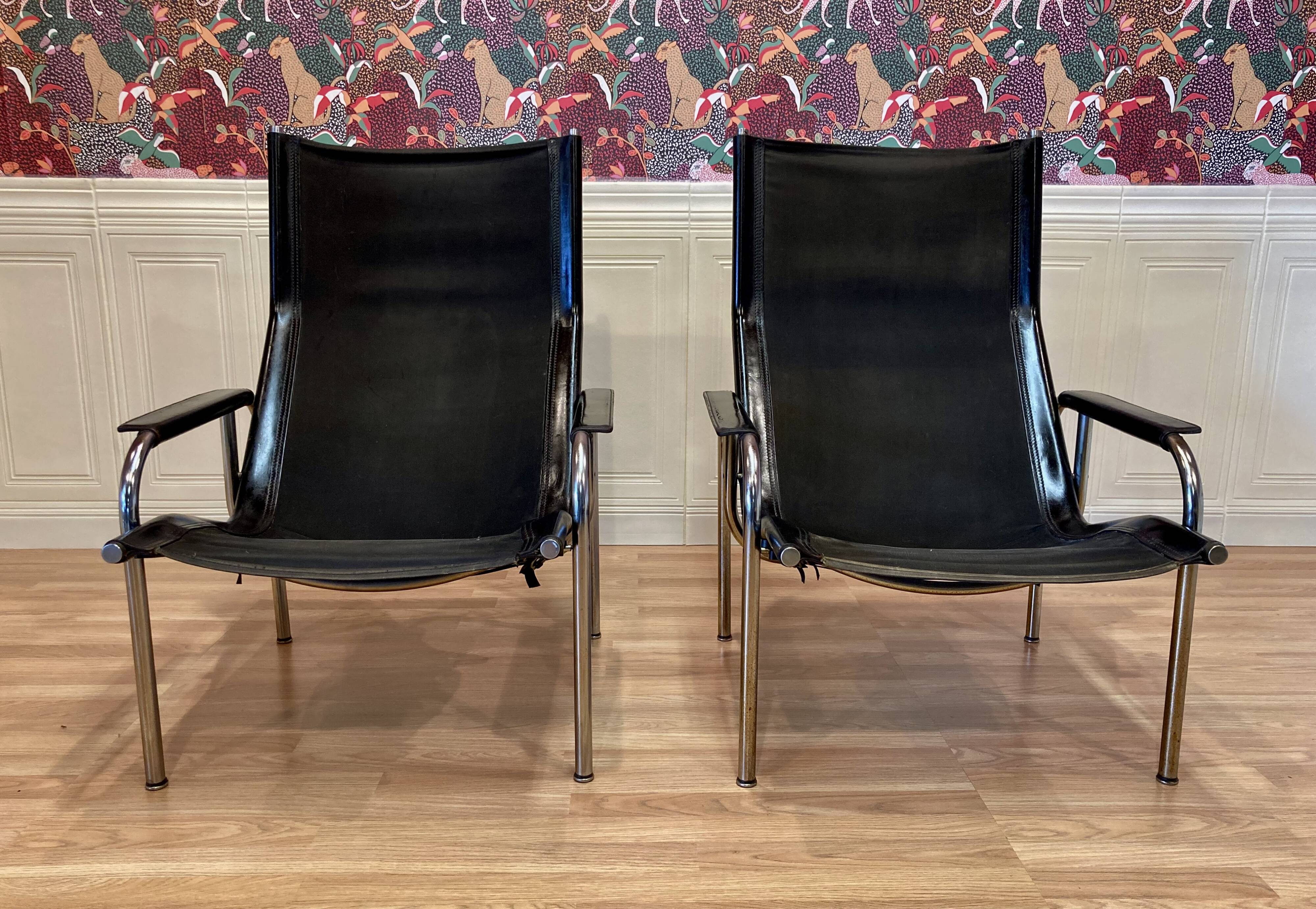 Paire de fauteuils relax inclinable cuir noir design "Hans Eichenberger" 19