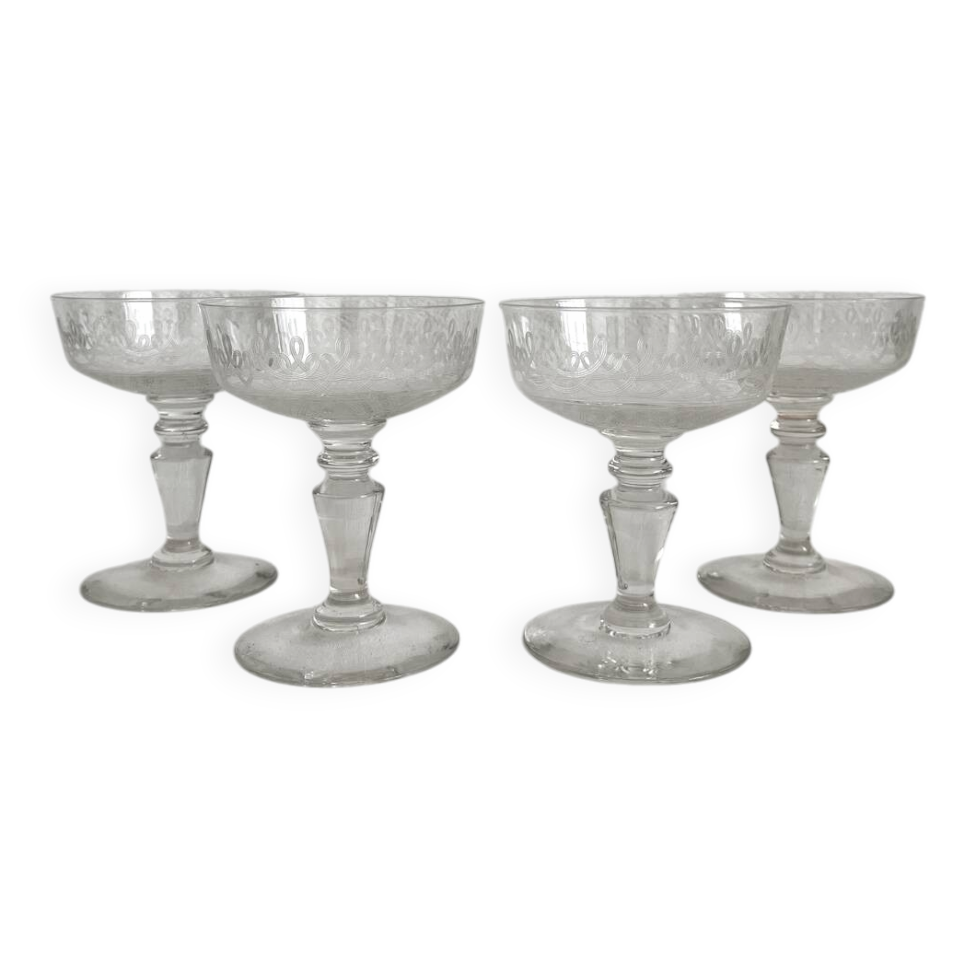 4 antique crystal champagne glasses with interlacing engraving