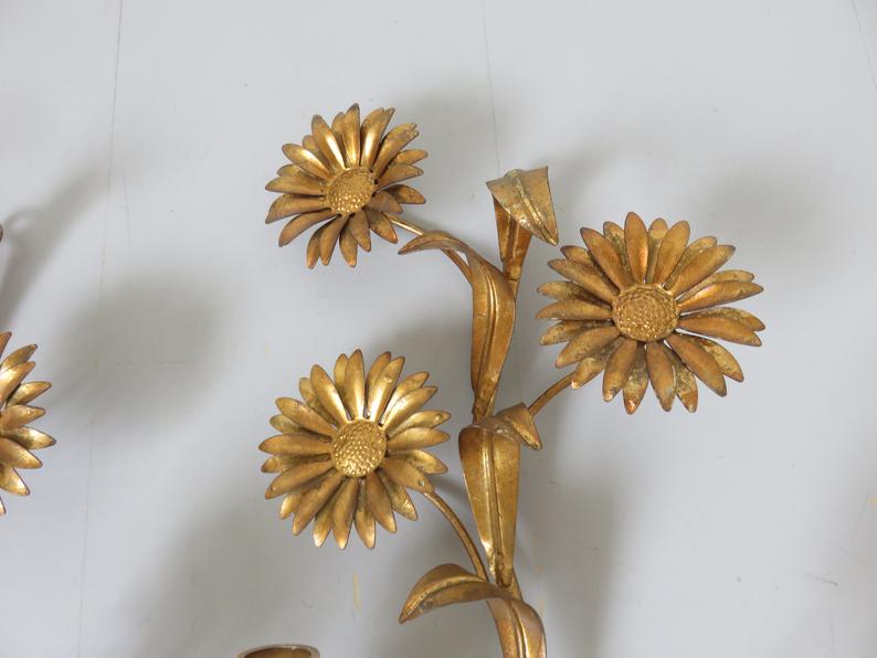 Series of 3 flower appliques "sunflowers" in 70s gold metal
