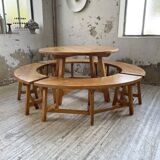 Set of round table and 4 rounded benches, 1950