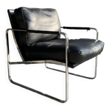 Vintage black leather armchair on metal base, 1980s