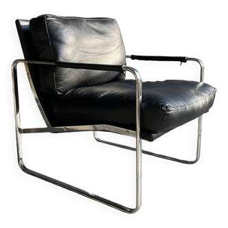Vintage black leather armchair on metal base, 1980s