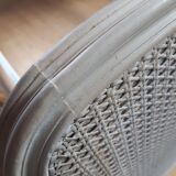 Artisanal double cannage bed, bench, pearl gray patina.