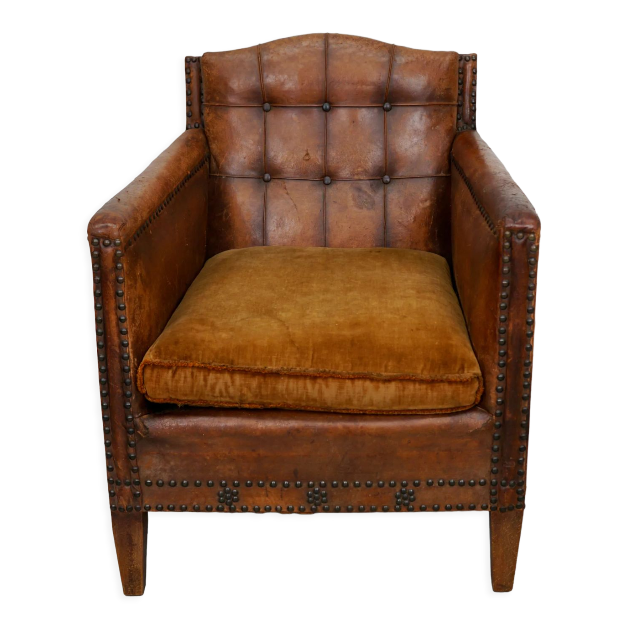 French cognac leather buttoned back club chair