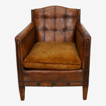 French cognac leather buttoned back club chair