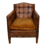 French cognac leather buttoned back club chair