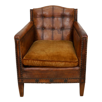 French cognac leather buttoned back club chair