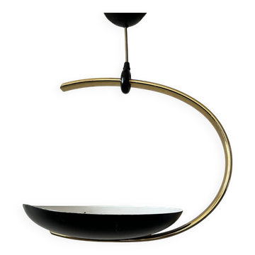 Black metal and brass arc pendant light "Les Activités" by Lucien Gau, Paris 1960