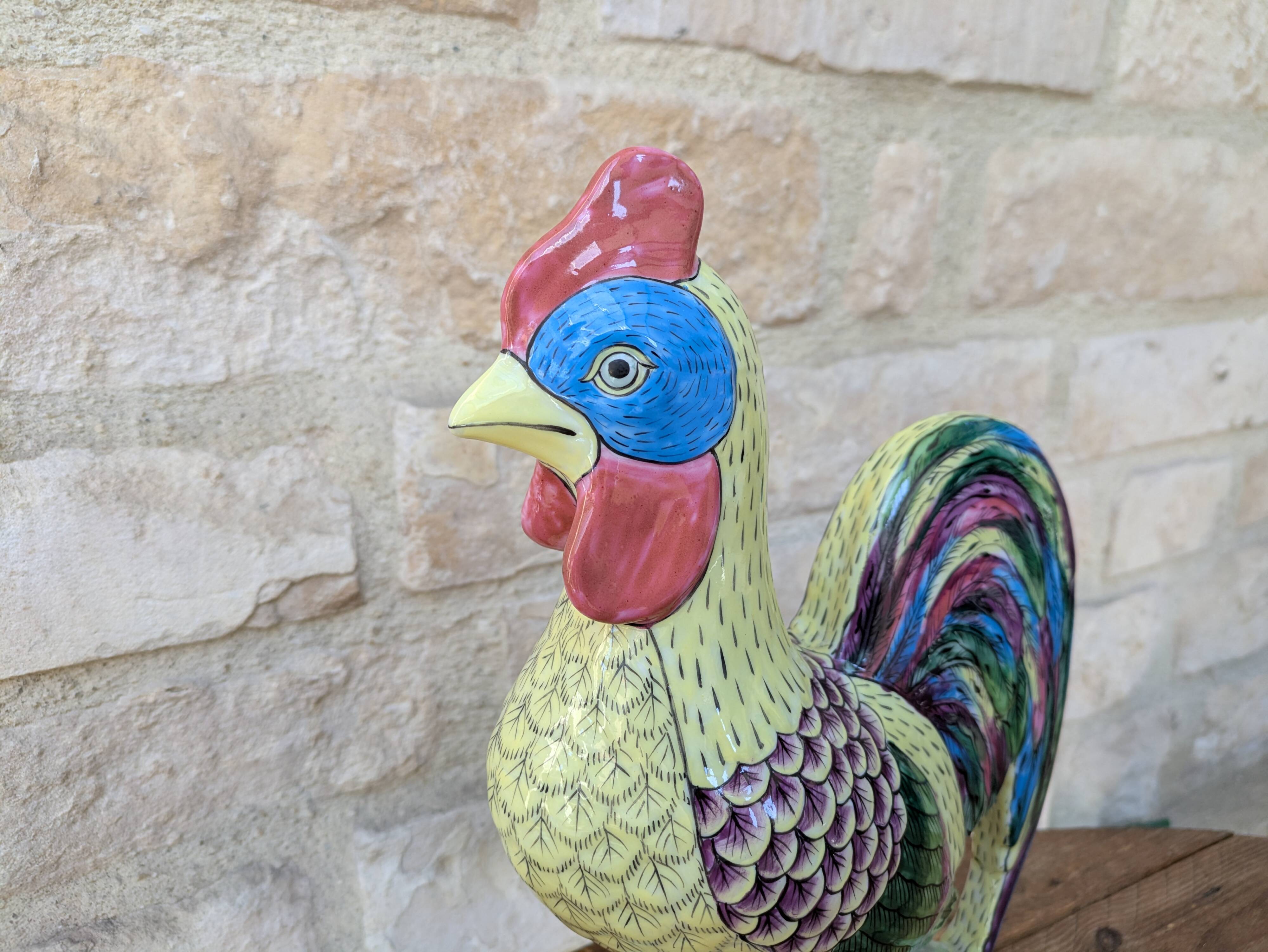 Polychrome decorative rooster in Paris Porcelain statue H30cm