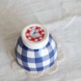 Small vintage white earthenware bowl with blue gingham pattern