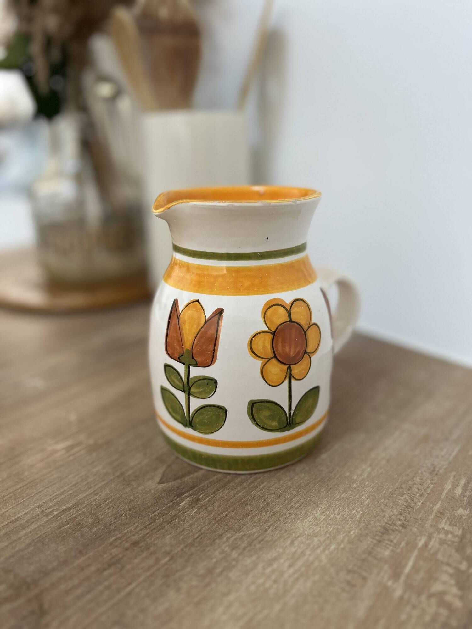 Small vintage ceramic jug signed – hand-painted floral decoration – 13 cm