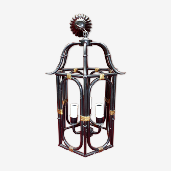 Lantern Cage 3 lights black lacquered metal and gilded brass, french work of the 1950s