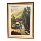 Huile sur panneau d'origine suédoise – « Paysage » par Bror Göransson (1914–1984) – Signé – Vintage et encadré