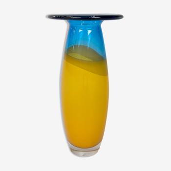 Vase bleu et jaune de Siem van de Marel pour Leerdam, années 1980
