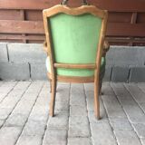 Fauteuil ancien français vert en tissu, cadre bois sculpté, style 1890-1919