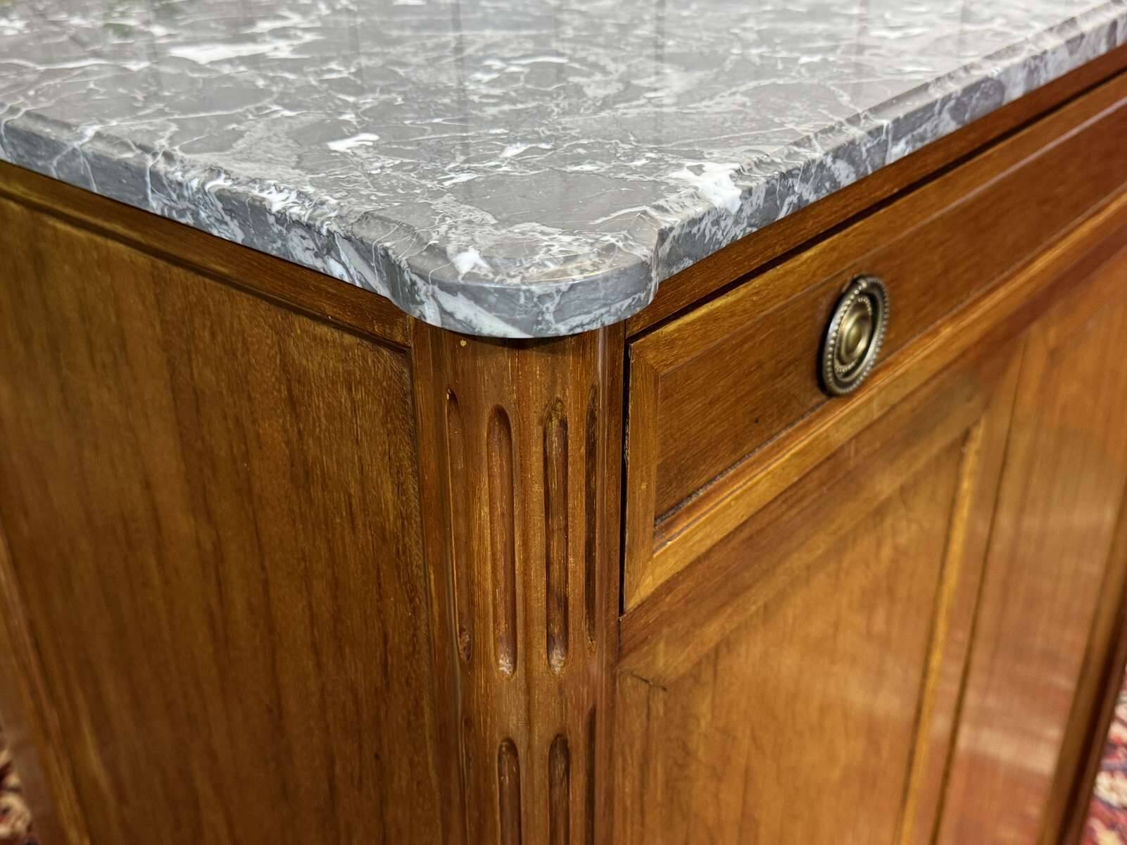 Small Louis XVI style cabinet in mahogany, oak, and marble top.