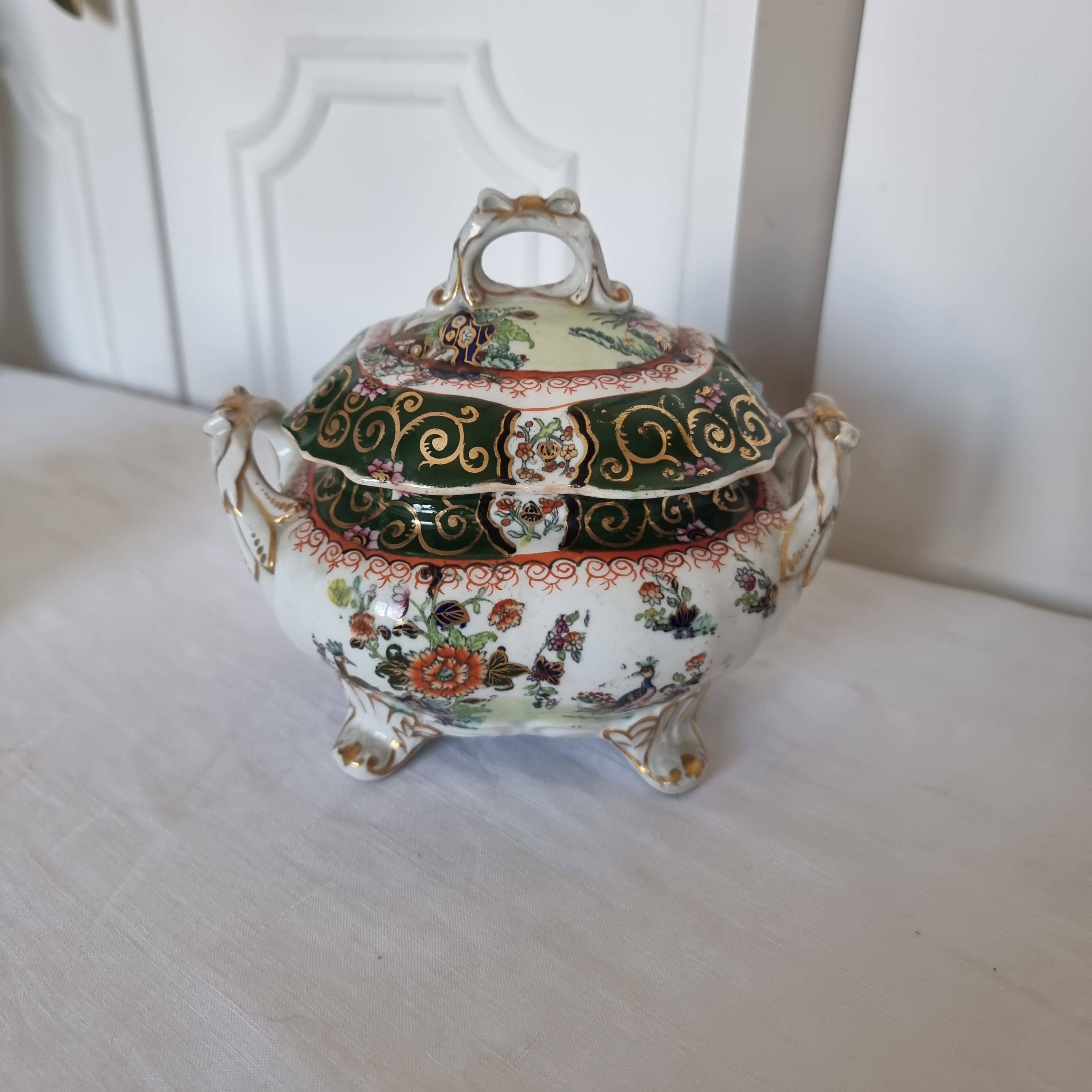 Antique Masons Sauce Boat with Lid English Porcelain Chinoiserie F
