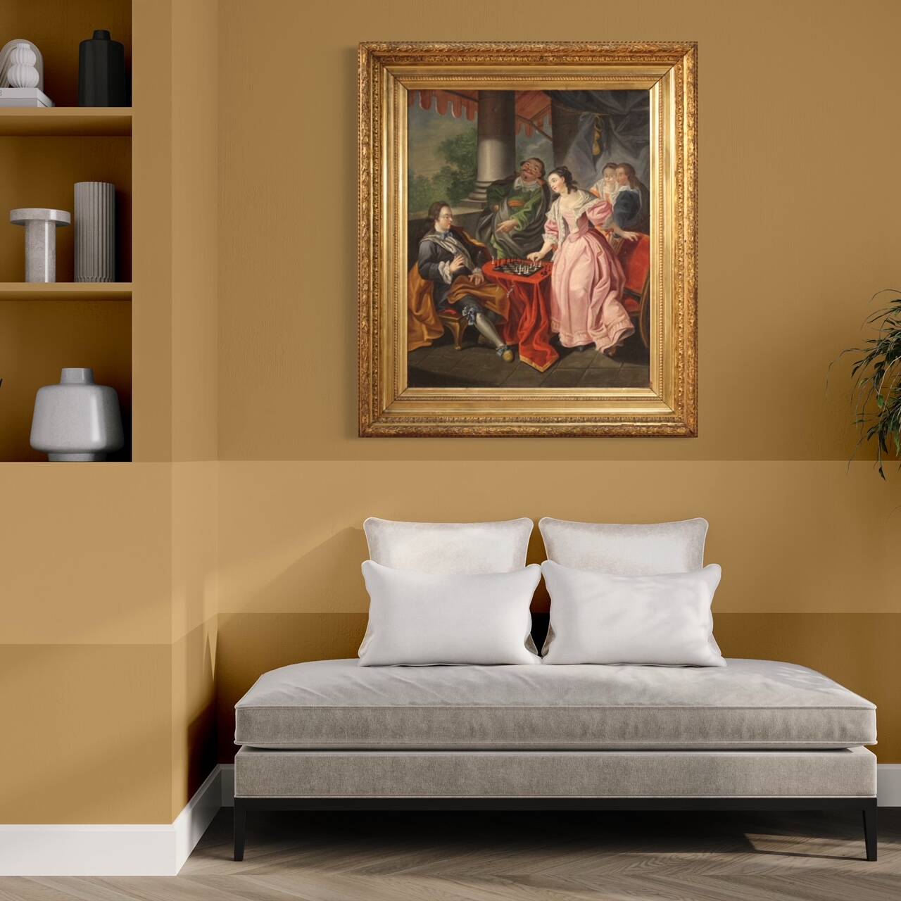 French painting from the 18th century, couple playing chess