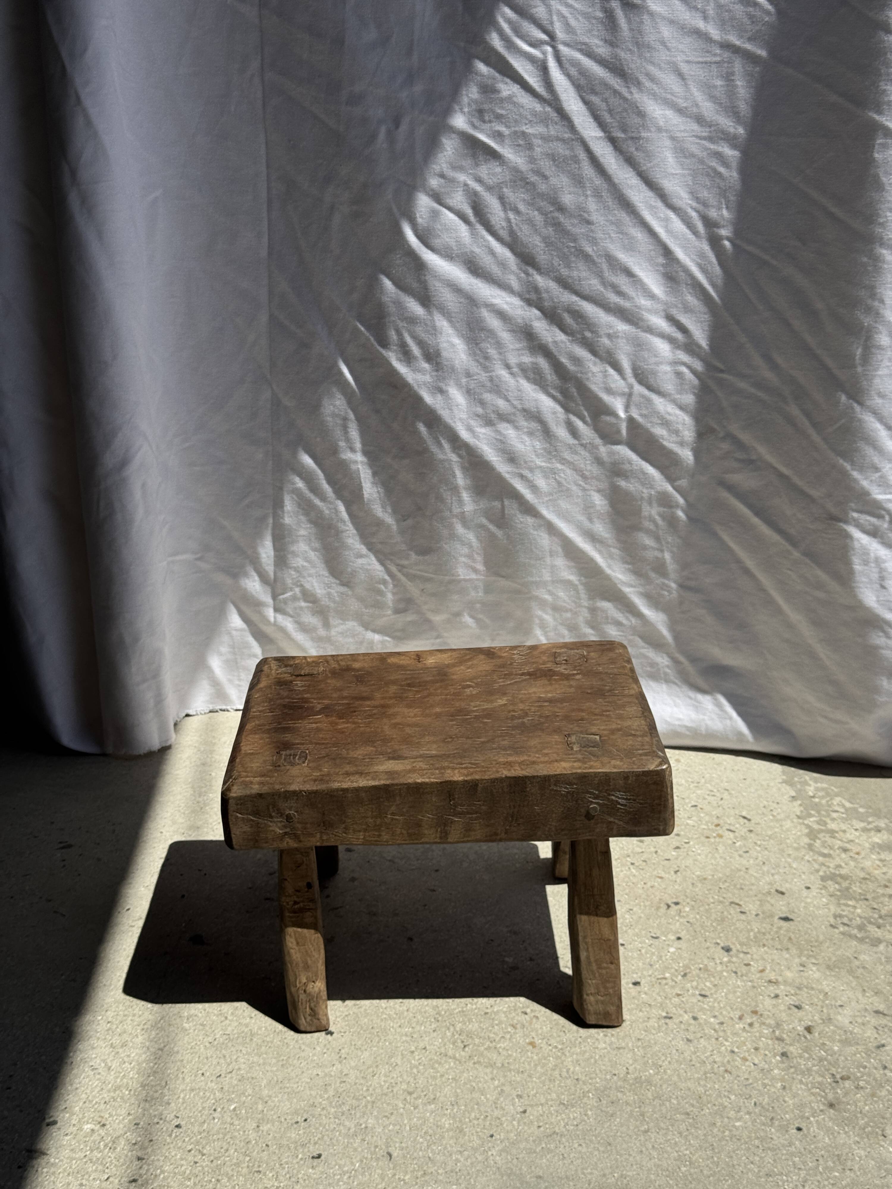 Small stool, rectangular accent stool in solid teak wabi-sabi H26
