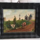 Tableau ancien paysage de campagne