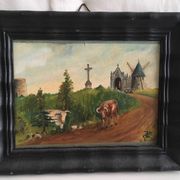Tableau ancien paysage de campagne