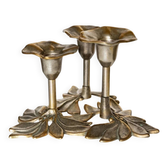 Doré gold-plated brass 3-armed candle holder with flower-and-leaf motif, 1970s Danish design